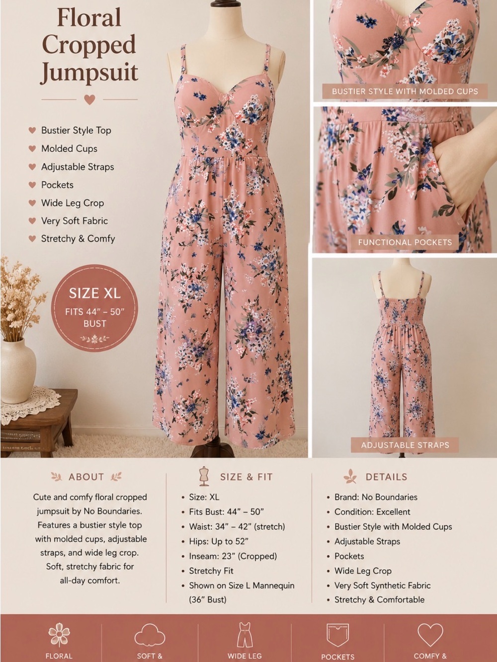 NOBO Pink Floral Bustier Cropped Jumpsuit